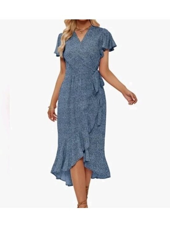 Zesica Dresses & Skirts - Zesica Wrap Ruffler Midi Dress Womens M Blue/White Floral Short Sleeve VNeck
